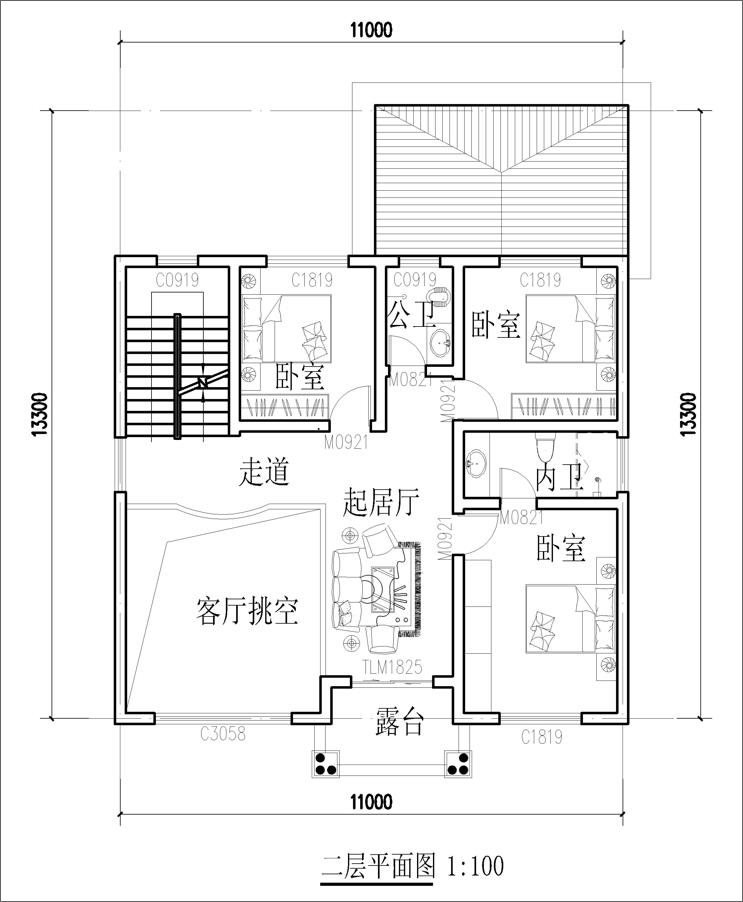 11米x13米農(nóng)村自建房二層平面圖
