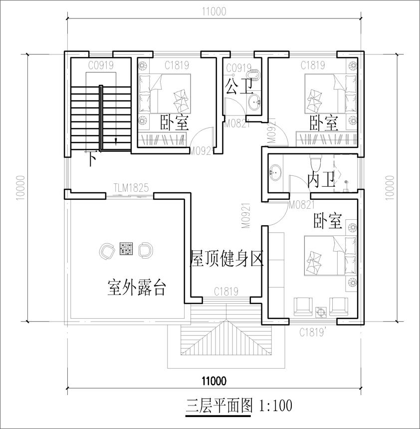 11米x13米農(nóng)村自建房三層平面圖