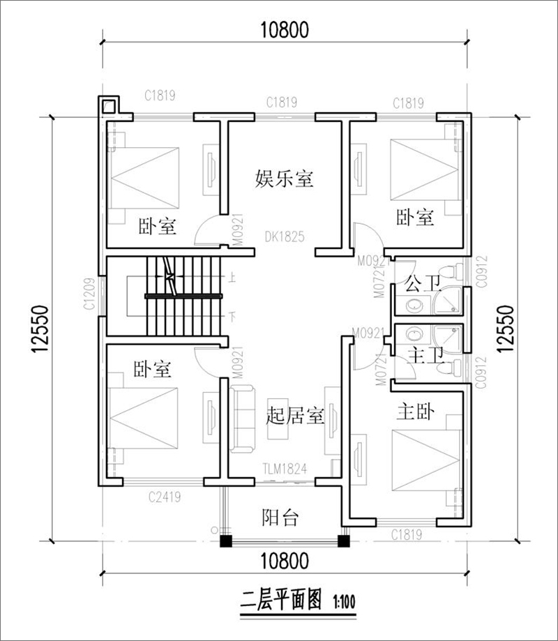 開間10米進(jìn)深12米二層戶型圖