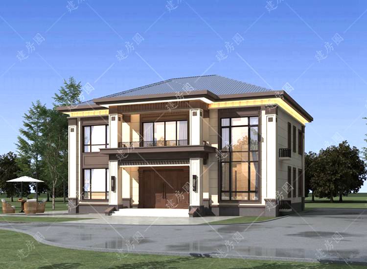 16米x11米兩層自建房別墅設(shè)計(jì)圖，現(xiàn)代新中式別墅外觀