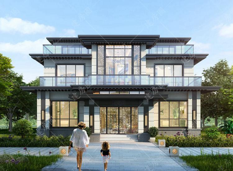 13米x14米兩層現(xiàn)代新中式別墅設(shè)計(jì)圖，平屋頂設(shè)計(jì)帶屋頂露臺(tái)